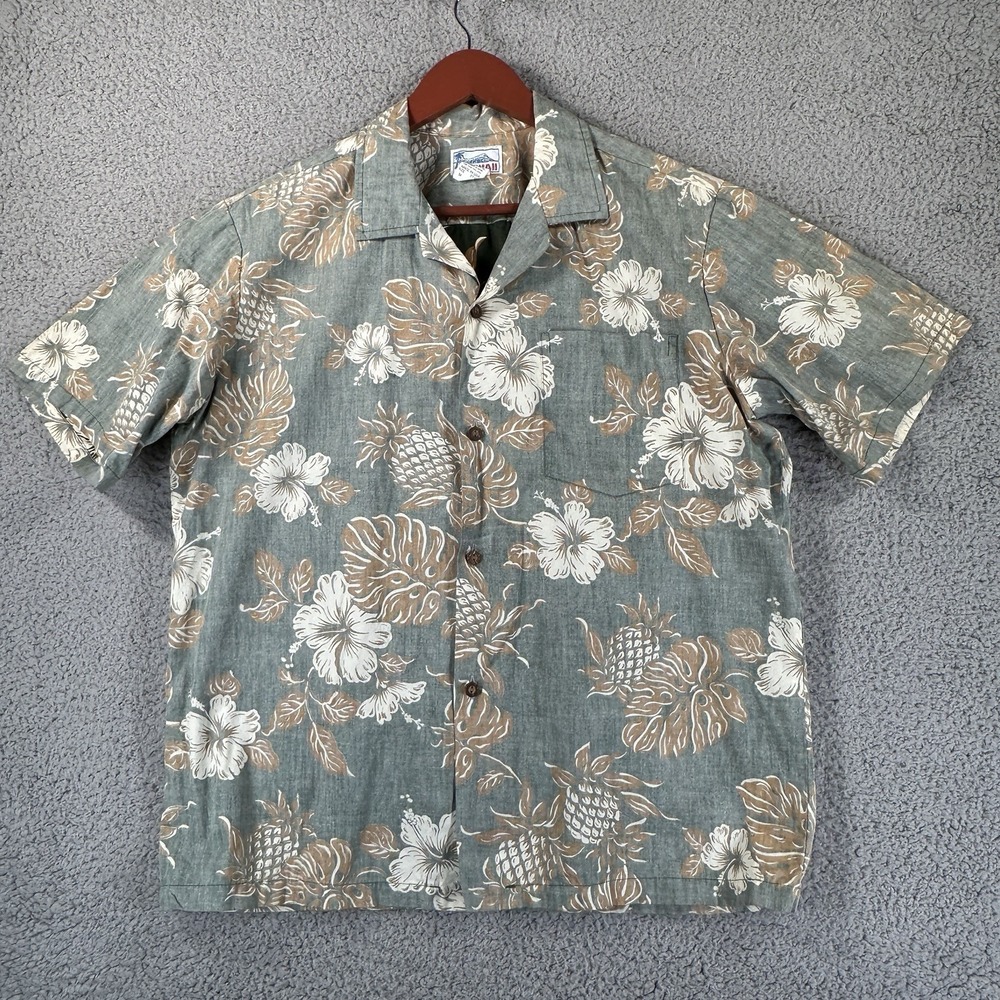 Vintage Hawaii Hawaiian Shirt Mens M Hibiscus Pineapple‎ Print Tropical Green